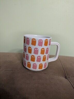 White Mug with Pink and Orange Ghost Pattern - Unbranded